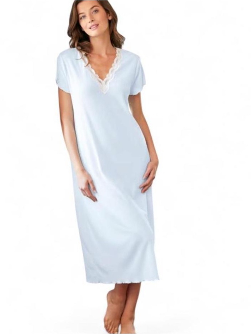 The Vermont Country Store Blue Ribbed Lace Trim Maxi Nightgown Size Small EUC